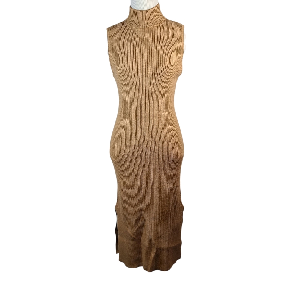 M Magaschoni Brown Ribbed Knit Sleeveless Mock Neck Bodycon Midi Dress Sz Large